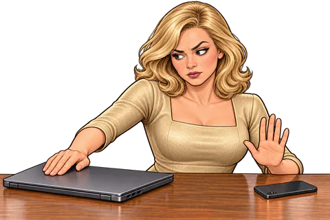 Illustration: Cleo cancels and investigates the device.
