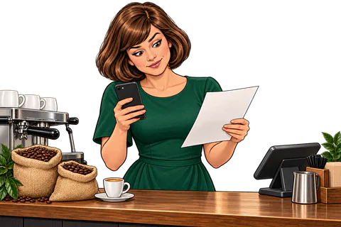 Penny checks her coffee supplier invoice before paying