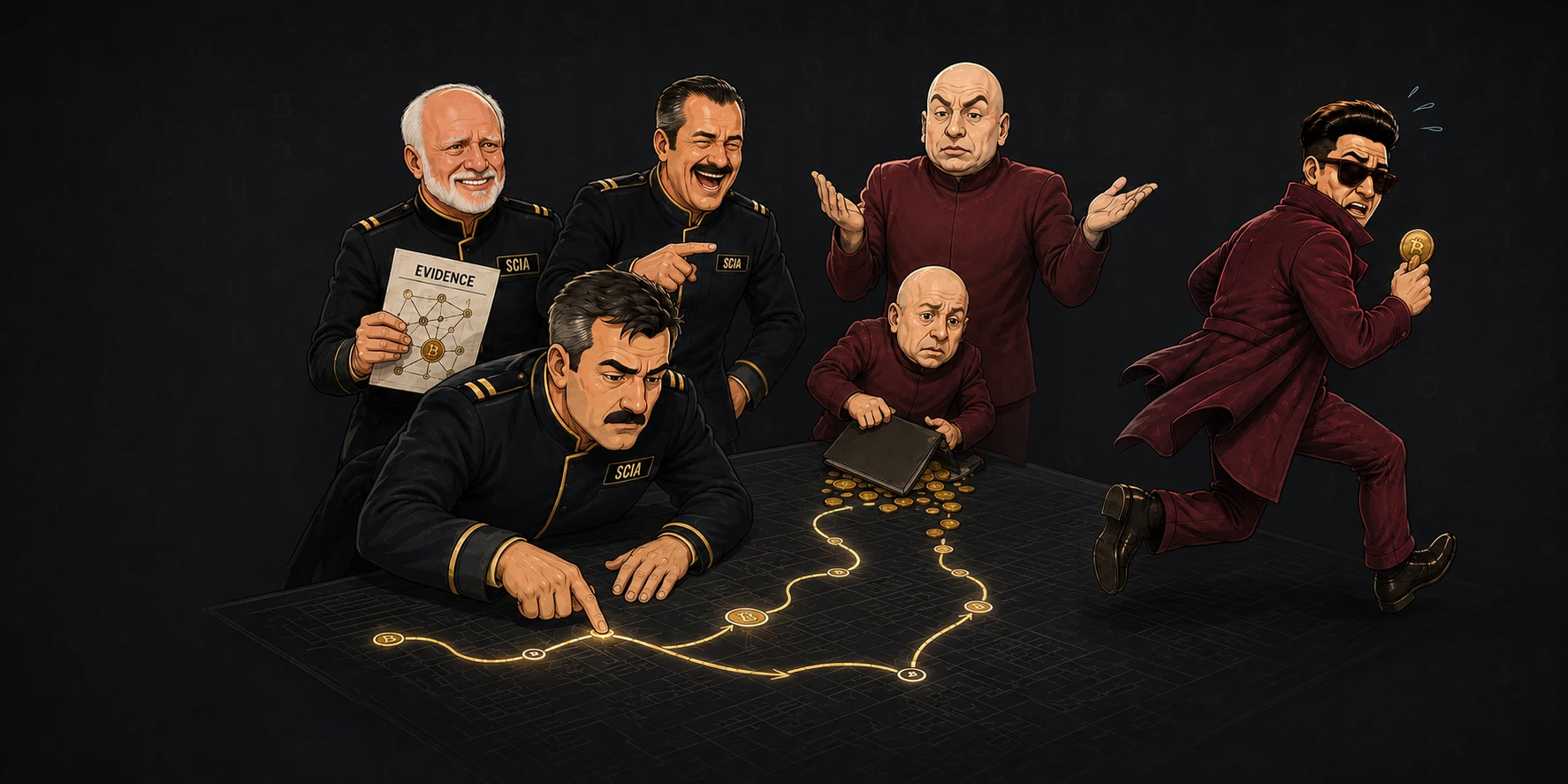 Captain Obvious, Harold and El Risitas follow the funds while Dr. Evil and Mini-Me hide coins and the Kim-inspired villain runs away.